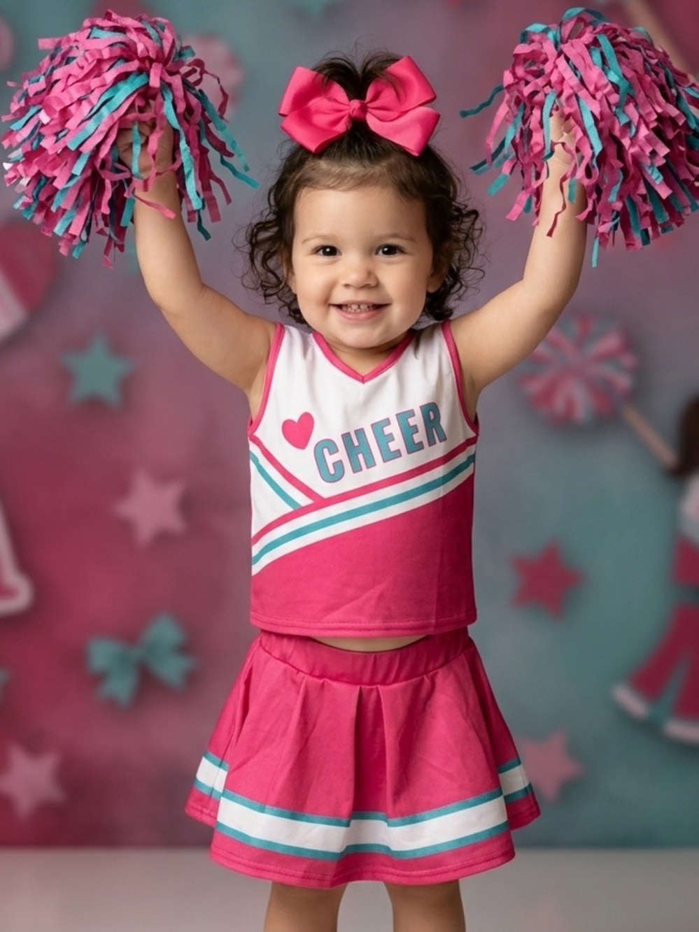 Pink Cheerleader Two-Piece Set with Teal & White Stripes